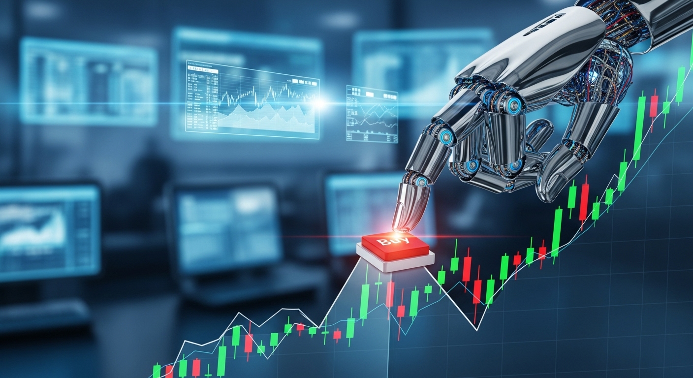 Dynamic image of a robot hand about to press a 'Buy' button on top of a rising stock graph.
