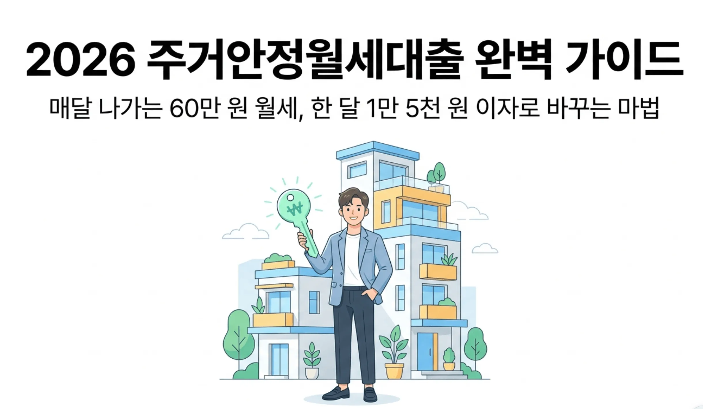 2026 주거안정월세대출 완벽 가이드라는 제목과 매달 나가는 60만 원 월세를 한 달 1만 5천 원 이자로 바꾸는 마법이라는 부제가 적힌 대표 이미지. 원화 기호가 새겨진 열쇠를 들고 있는 청년이 다세대주택 앞에 서 있는 일러스트로 주거안정월세대출의 우대형 연 1.3%와 일반형 연 1.8% 초저금리 혜택과 월 60만 원 한도의 월세 지원 제도를 시각적으로 표현하고 있다. 취업준비생과 사회초년생 등 청년 대상 월세대출 조건과 신청 방법을 안내하는 블로그 글의 대표 이미지이다