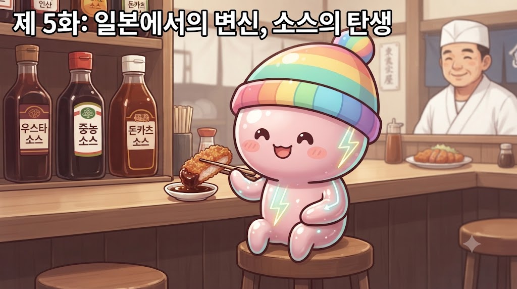 20세기 초 일본 도쿄의 활기 넘치는 돈카츠 가게입니다. 쫀쿠가 일본식 하오리(반 Jjonku)를 입고 카운터에 앉아 두툼한 돈카츠를 맛있게 먹으려 하고 있습니다. 앞에는 세 가지 다른 점도의 소스 병(우스타, 추노, 돈카츠)이 놓여 있고, '불독소스' 로고가 귀엽게 그려져 있습니다.