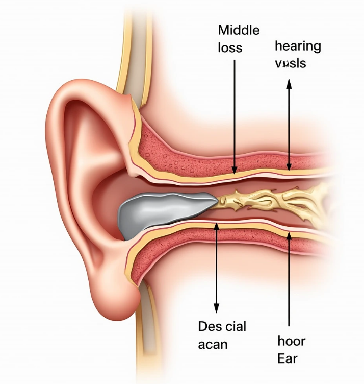 인체의 귀 단면도. 외이, 중이, 내이가 명확히 구분되어 있으며, 각 부위에 해당하는 난청 유형이 화살표로 표시된 교육적인 이미지