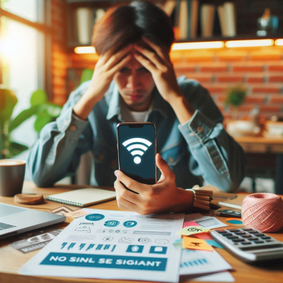 와이파이 문제로 업무에 어려움을 겪는 남성