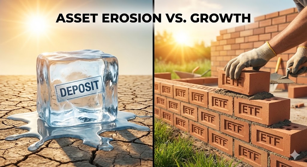 뜨거운 태양 아래 녹아내리는 얼음(예금)과 차곡차곡 쌓여가는 단단한 벽돌(ETF 투자)을 대비시킨 일러스트