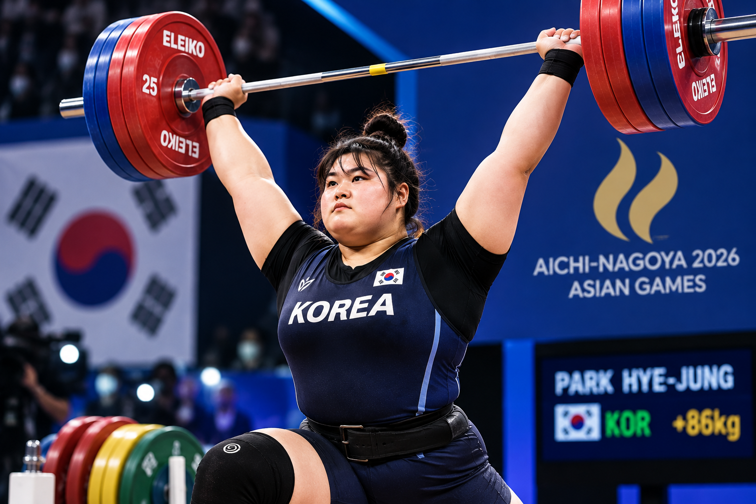 박혜정 아시안게임 여자 역도 86kg 이상급에서 바벨을 머리 위로 들어 올리는 장면