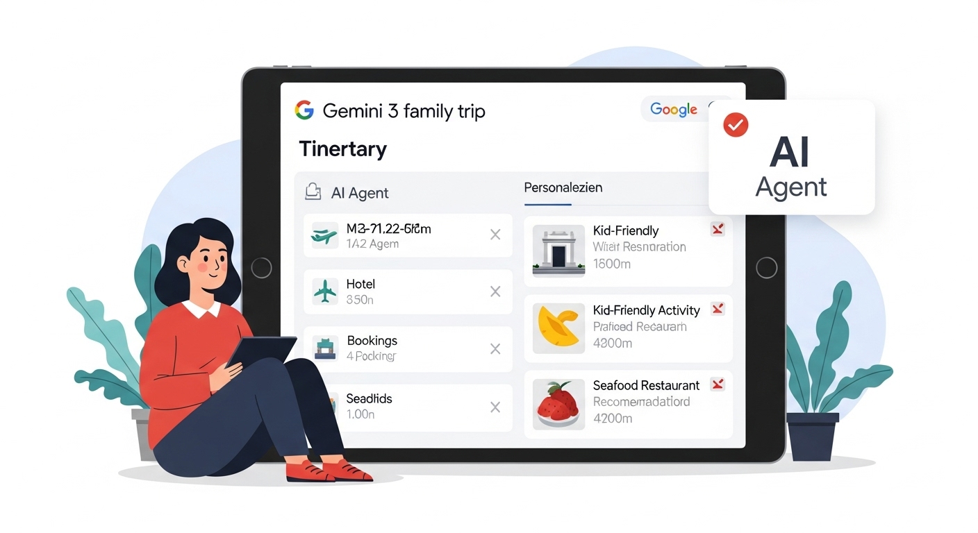 제미나이 3 AI 검색을 이용해 가족 여행 계획을 손쉽게 세우는 모습. AI가 항공권, 숙소, 맛집 추천 등을 한 번에 제공하는 장면.
