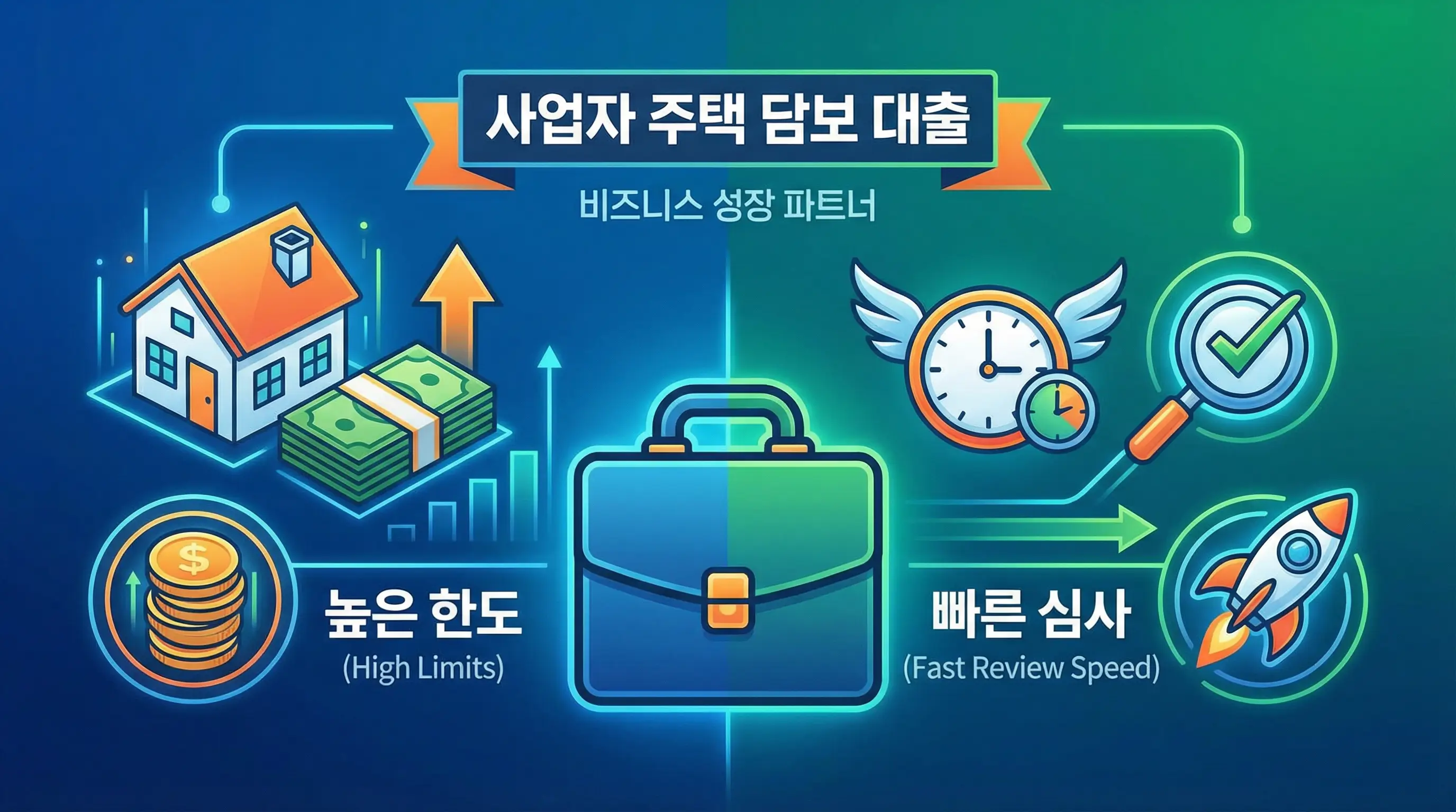 사업자 주택 담보 대출의 높은 한도와 빠른 심사 속도를 보여주는 인포그래픽