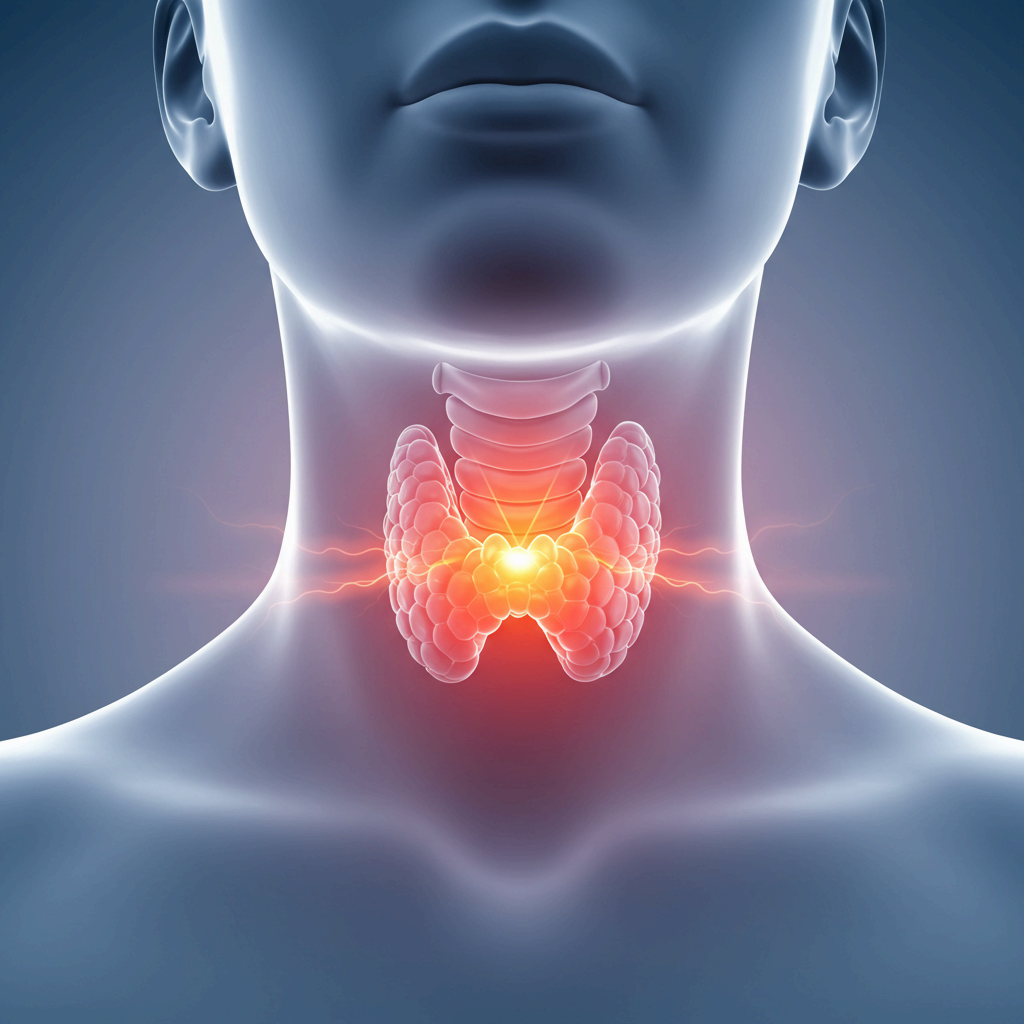 사람의 목 앞쪽에 위치한 나비 모양의 갑상선이 붉은색 빛으로 강조되어 있는 3D 해부학적 이미지. 갑상선의 위치와 중요한 역할을 시각적으로 보여줍니다.