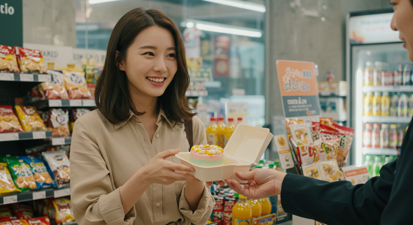 편의점에서 작은 케익을 구매하는 여성