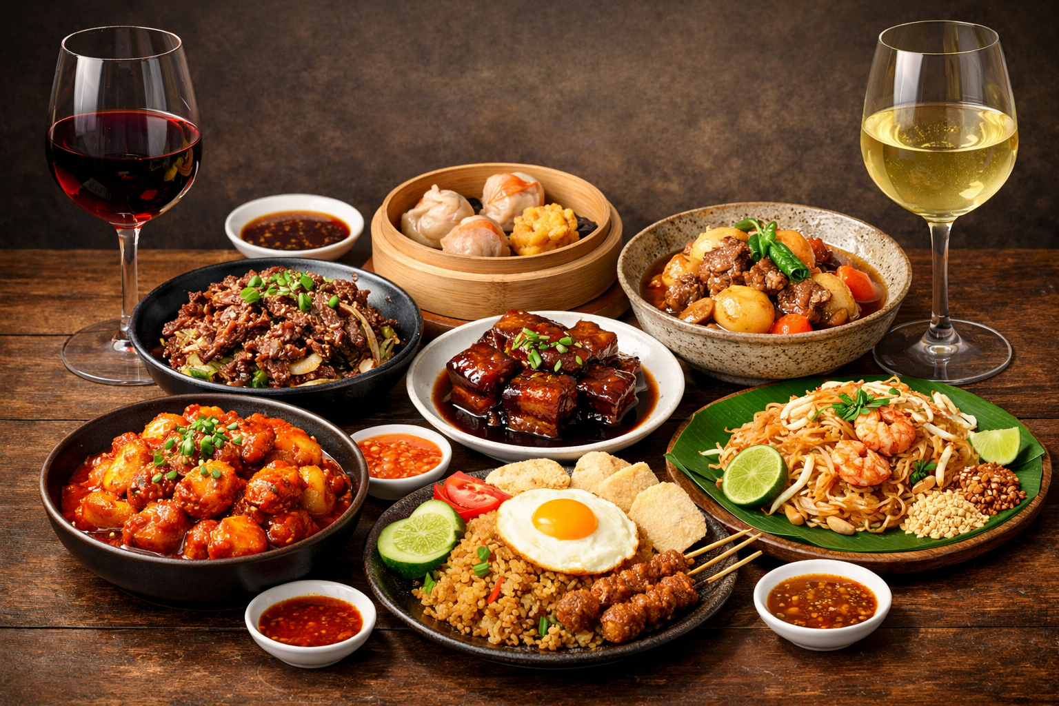 와인을 넣어 조리한 다양한 아시아 음식 사진