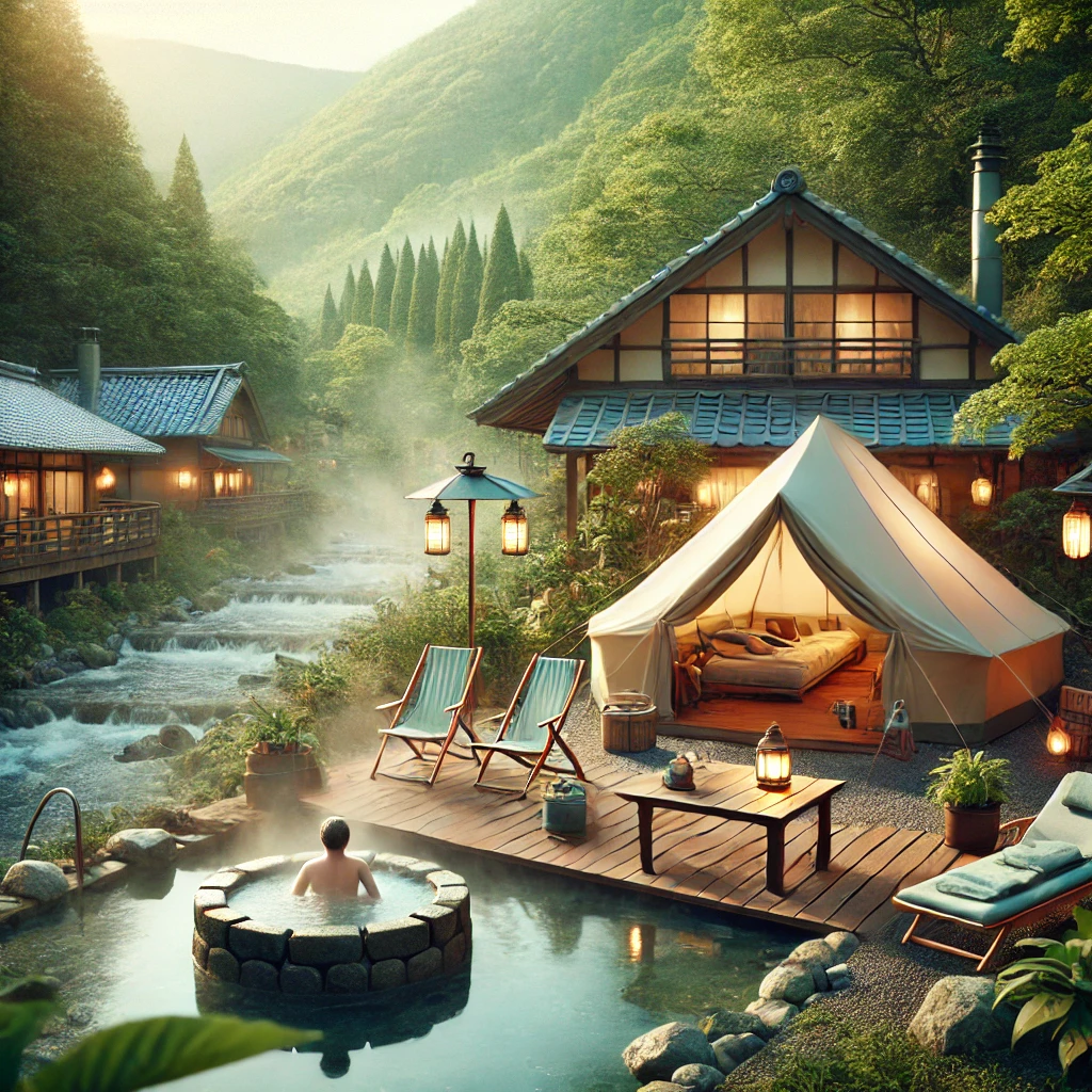 일본에서 캠핑과 온천을 동시에 즐길 수 있는 캠핑장의 모습을 표현한 사진