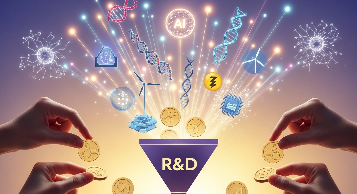미래 기술이 융합된 비전과 R&amp;D 자금을 상징하는 이미지가 어우러져 혁신적인 스타트업의 성장을 보여줍니다.