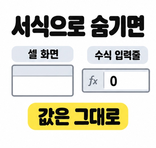 서식으로 숨긴 빈 셀 화면과 숫자 0이 남아 있는 수식 입력줄을 비교하며 값은 그대로임을 설명한 그림