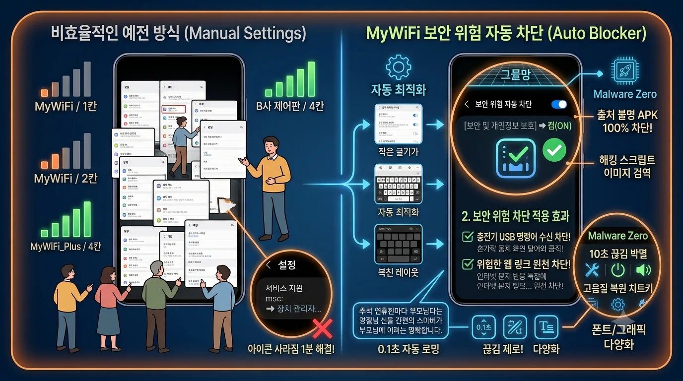 갤럭시 One UI 보안 및 개인정보 보호 보안 위험 자동 차단 스미싱 방지 설정 화면