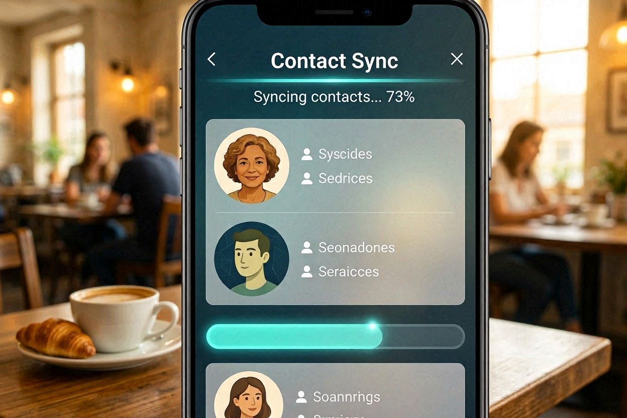 A close-up shot of a modern smartphone screen showing the process of contacts synchronizing between two different profile icons.