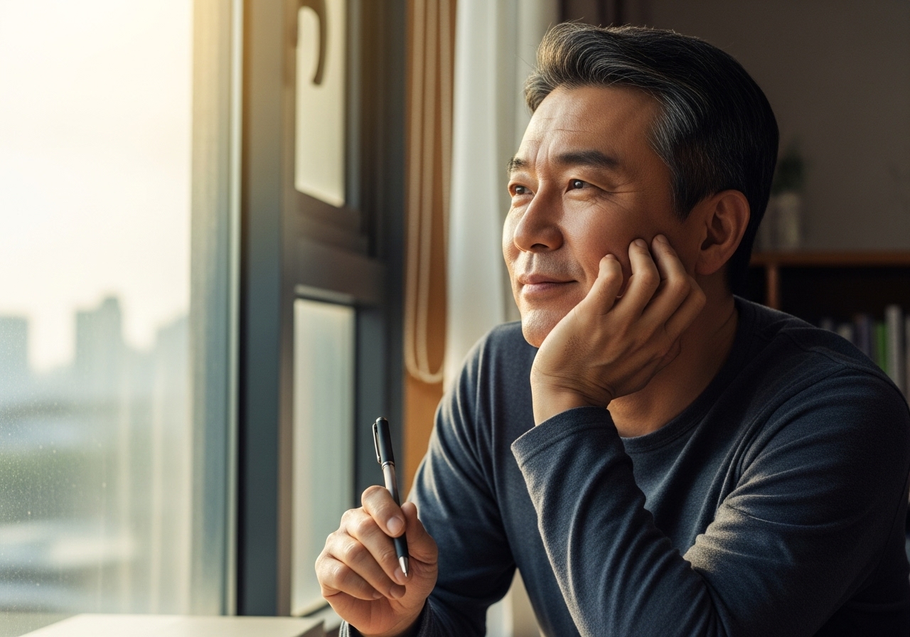 50대 한국인 남성, 오후 햇살에 창밖을 보며 성찰하는 모습
