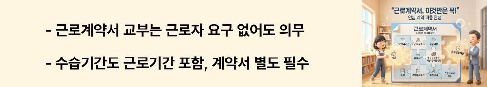 근로계약서 필수 기재 사항: '근로계약서 교부는 근로자 요구 없어도 의무입니다 / 수습기간도 근로기간 포함, 계약서 별도 필수'라는 문구가 포함된 웹배너 이미지. 이 이미지는 근로계약서 작성 시기와 교부 의무 및 수습기간 근로계약서 작성 필요성을 시각적으로 전달하며, 블로그의 근로계약서 작성·교부 실무와 관련된 내용을 설명함