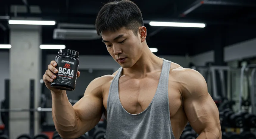 헬스장에서 BCAA 보충제를 들고 있는 남성 이미지