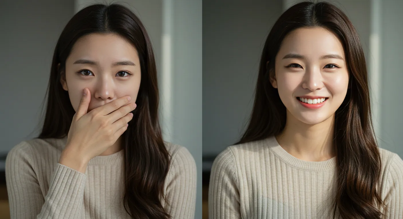 화면이 좌우로 분할되어, 왼쪽에는 입냄새 때문에 자신감 없이 입을 가리는 여성이, 오른쪽에는 구강 유산균 섭취 후 상쾌하게 웃는 동일한 여성의 모습이 비교되는 이미지.
