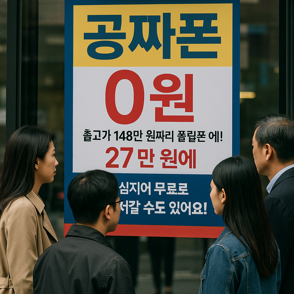 "공짜폰 광고 앞에 멈춰 선 사람들