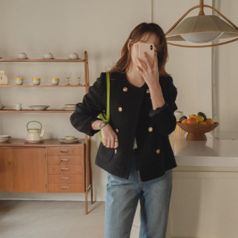 리린 EXCLUSIVE 블랙리본 골드버튼 더블 트위드자켓