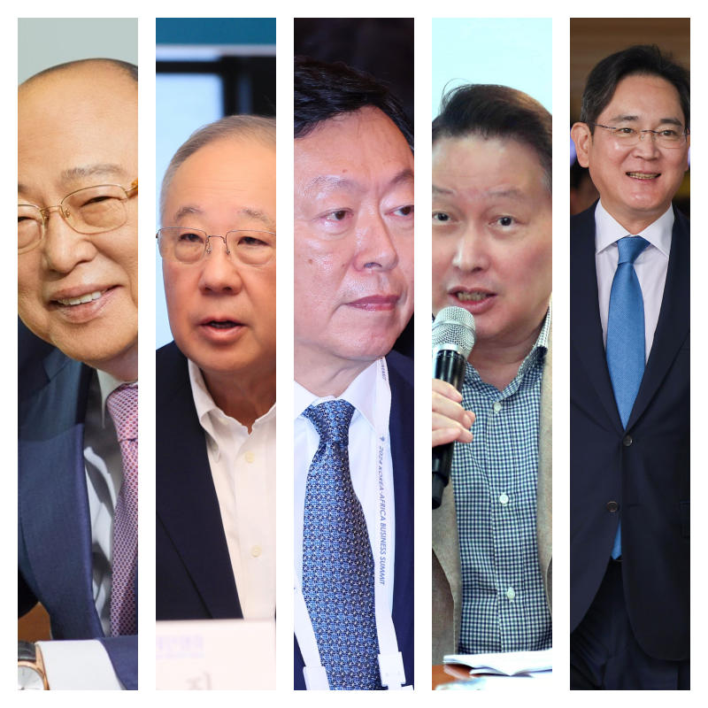 (왼쪽부터) 김승연 한화그룹 회장, 류진 풍산 회장, 신동빈 롯데그룹 회장, 최태원 SK그룹 회장, 이재용 삼성전자 회장.