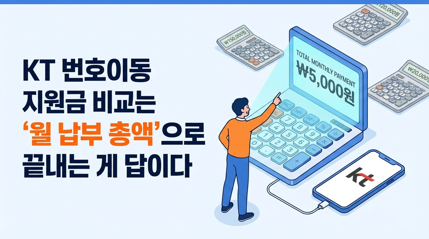 KT 번호이동 지원금 비교는 월 납부 총액이 핵심! 공시지원금 vs 선택약정 계산법, 2026년 1월 위약금 면제 혜택, 갤럭시 S25&middot;아이폰 16 실제 지원금 정보와 24개월 총액 비교 방법까지. FAQ 30개 수록