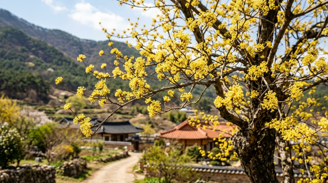 지리산 자락 구례 산수유마을 산책로를 따라 활짝 핀 노란 산수유꽃 근접 사진