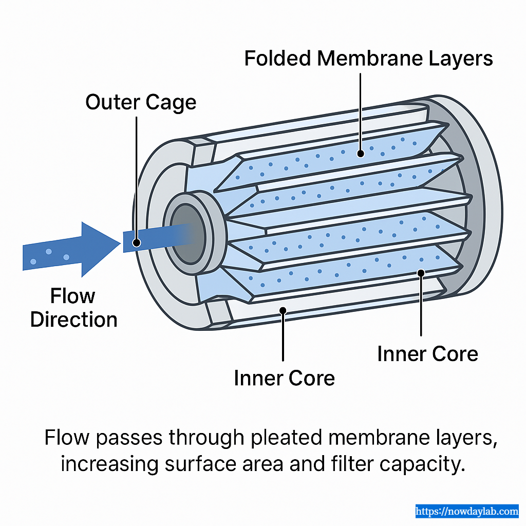 Cross-section of pleated filter showing folded membrane layers and flow path