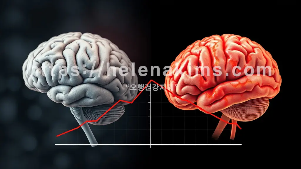 좌우로 명확히 나뉜 두 개의 뇌 이미지 대비. 왼쪽 뇌 (알츠하이머): 희미하고 퇴색된 색감, 뇌 세포가 부식되거나 사라지는 듯한 추상적 패턴, 점진적인 기억 상실을 암시하는 흐릿한 효과. 오른쪽 뇌 (혈관성 치매): 뇌의 혈관망이 막히거나 파열된 부분 강조, 붉은색 혈전 또는 손상된 병변이 선명하게 표현.
