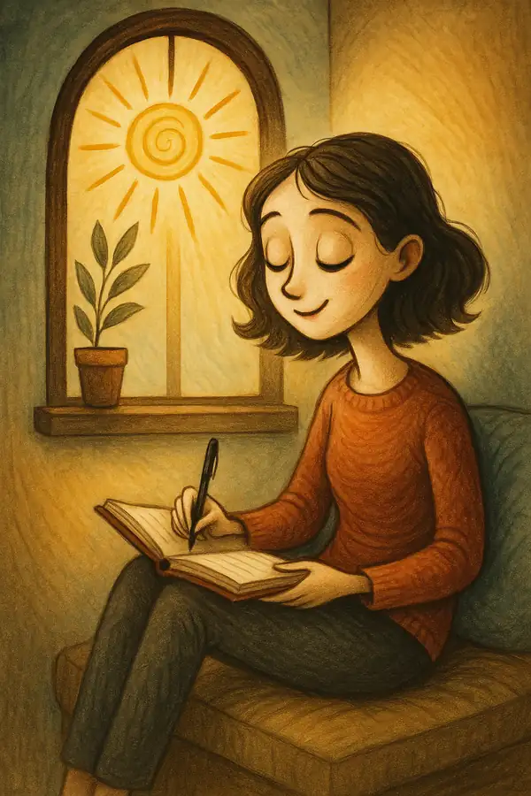 햇살이 비추는 창가에서 차분히 일기를 쓰며 감정 조절과 회복을 실천하는 모습을 팀 버튼풍 감성으로 표현한 일러스트