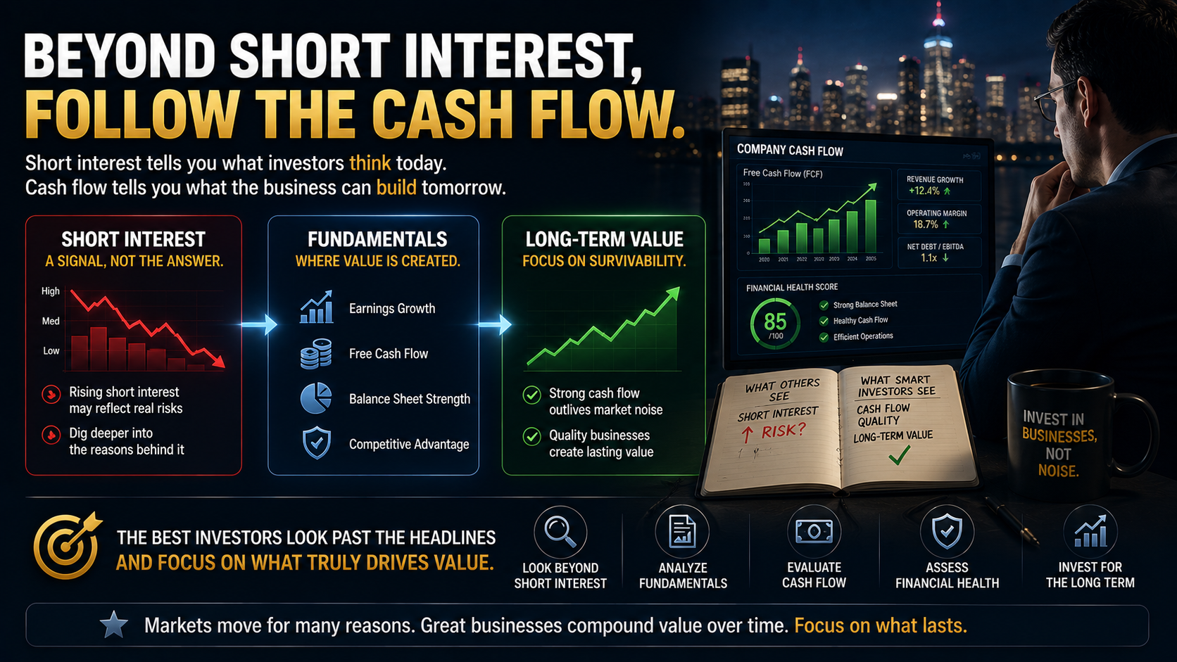 Investor analyzing free cash flow earnings financial health and long term business value beyond short interest