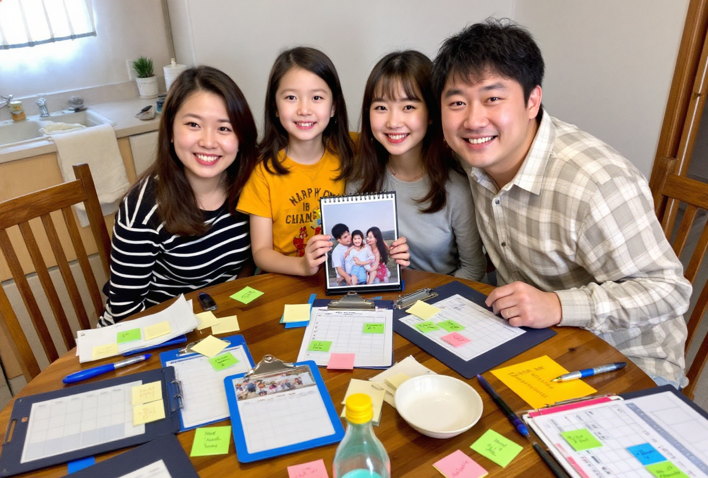 가족일정을 정리 중인 단란한 가족 모습