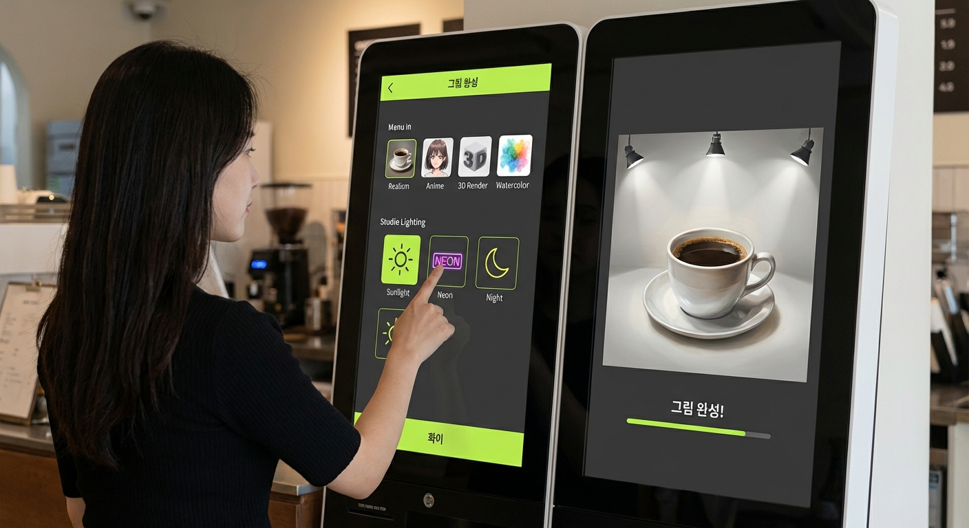 프롬프트 키워드를 메뉴판에서 고르듯 선택하여 AI 이미지를 생성하는 과정을 직관적으로 표현한 3D 일러스트