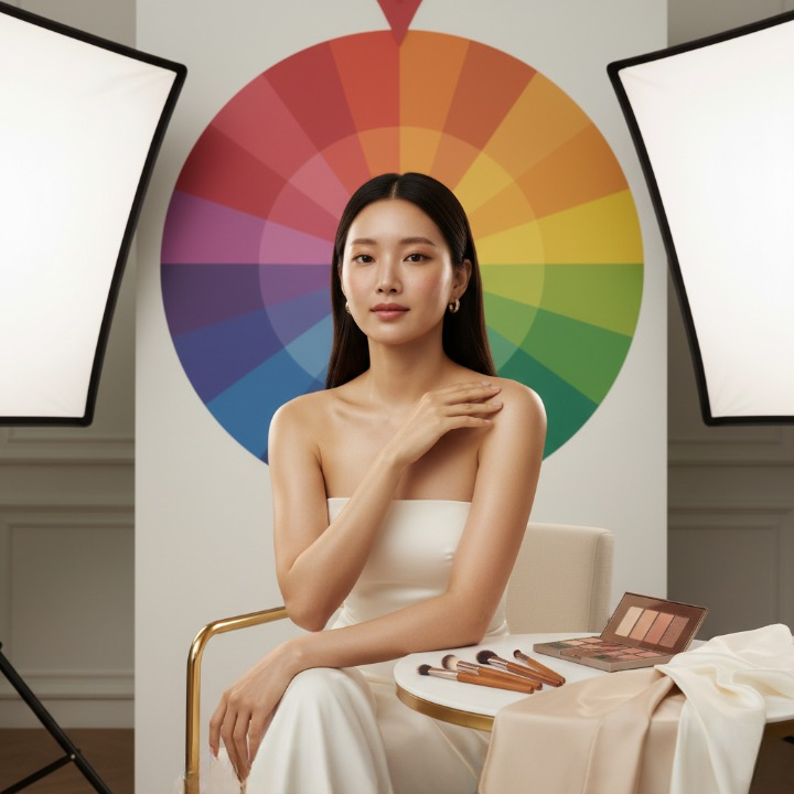 퍼스널컬러 메이크업 시연 장면 &ndash; 한국인 모델이 컬러 휠 앞에서 피부톤 보정과 색채 대비를 설명하는 모습을 담았습니다.