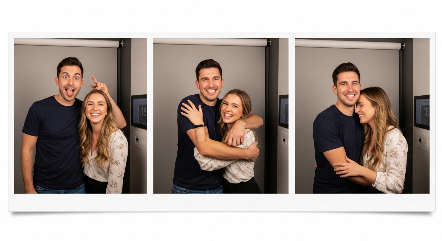 흑백 배경의 셀프 스튜디오에서 풍선을 들고 밝게 웃으며 셔터를 누르는 커플