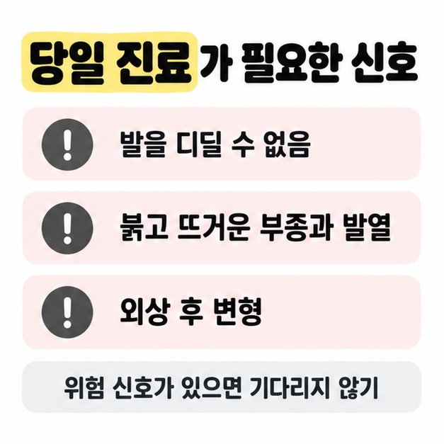 발을 디딜 수 없음, 붉고 뜨거운 부종과 발열, 외상 후 변형을 당일 진료가 필요한 신호로 표시한 안내