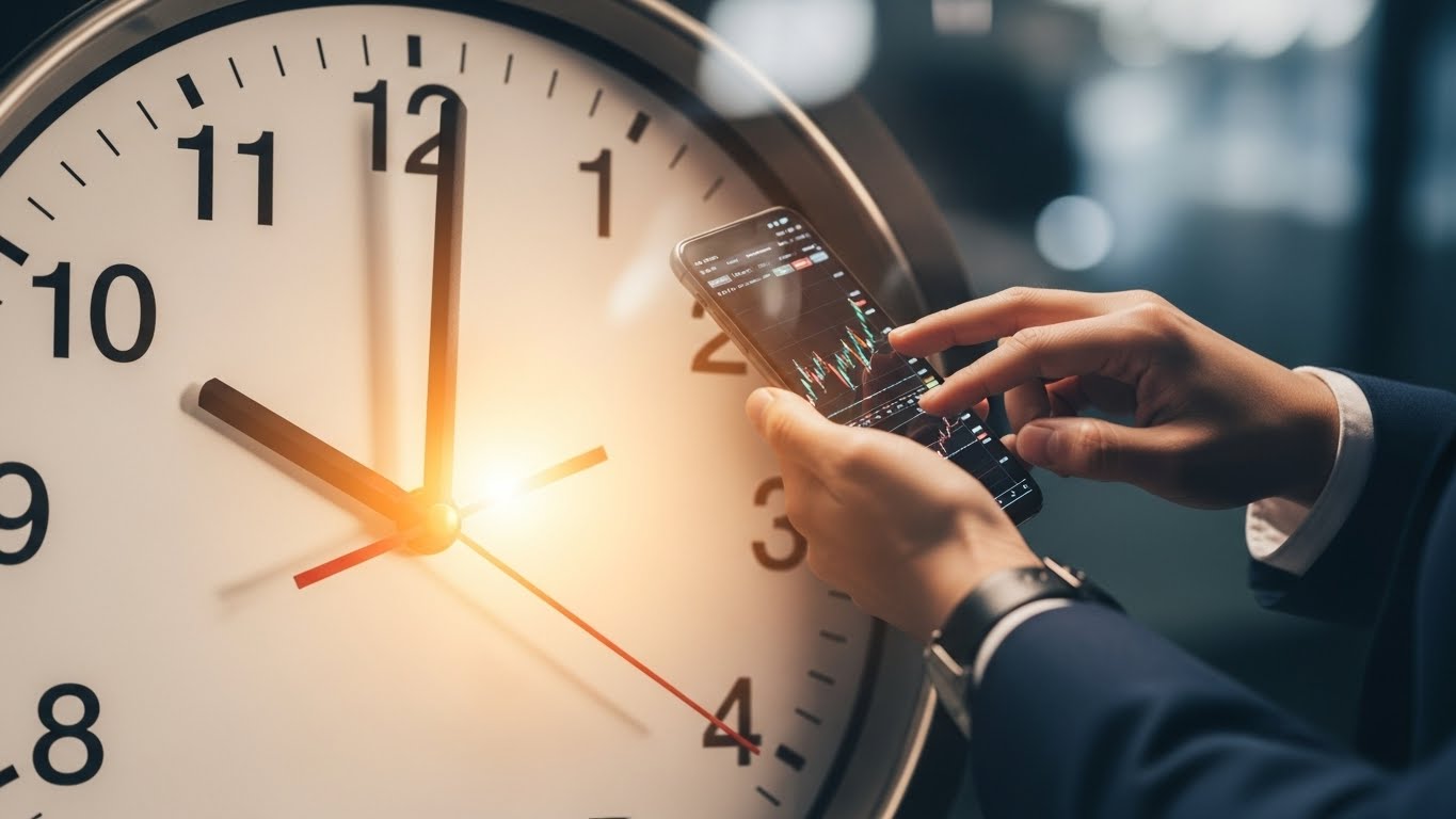 An image of a clock pointing between 9 and 10 AM, with that section glowing gold. Overlapped with a busy office worker briefly trading on a smartphone.