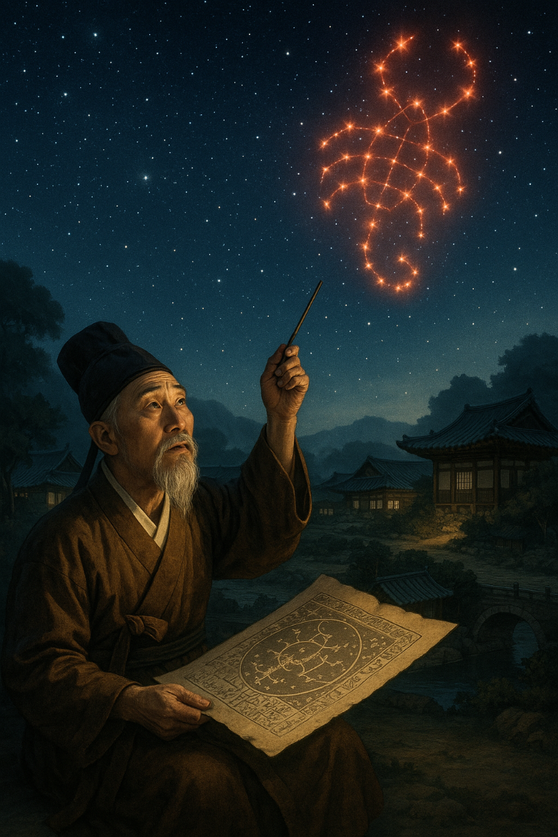 별자리를 관찰하는 토정 이지함과 그 뒤로 보이는 조선 시대 풍경, 밤하늘에는 불길한 별자리가 형성되어 있음