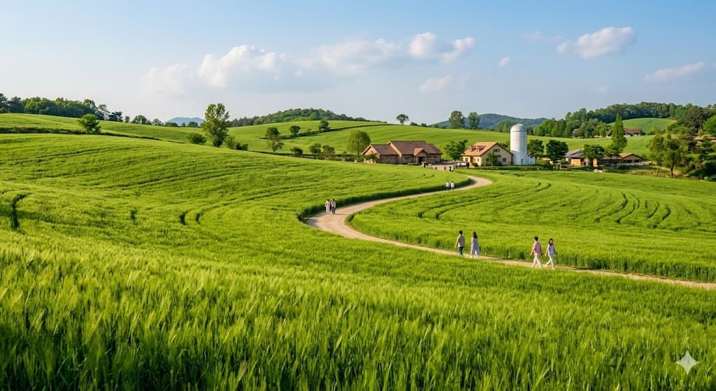 A breathtaking landscape photograph capturing the sprawling, lush green rye fields of Anseong Farmland in full bloom under a sunny May sky, with a curving path and rustic farm buildings without text.