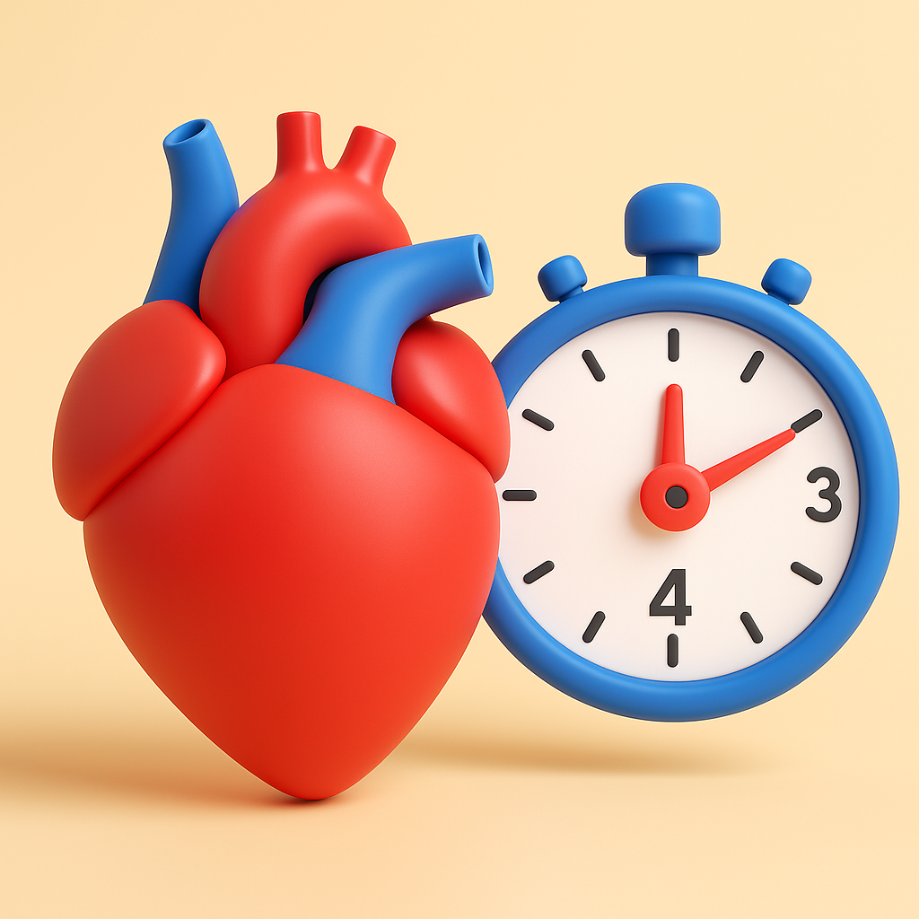 심폐소생술 골든타임 4분을 상징하는 심장과 스톱워치 3D 일러스트 이미지