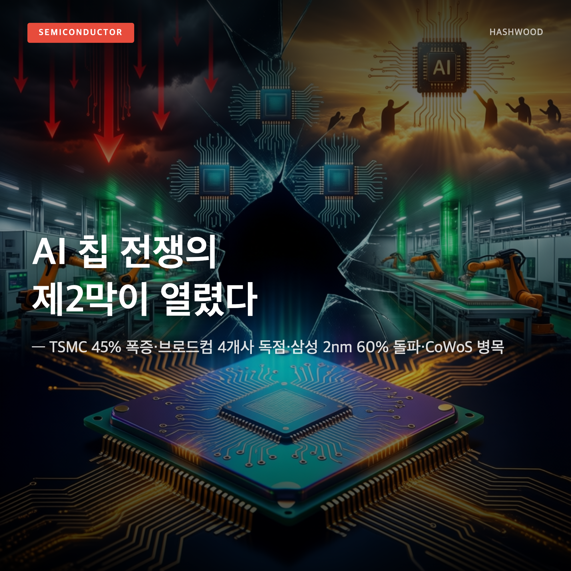 그림: AI 칩 전쟁의 제2막이 열렸다 — — TSMC 45% 폭증·브로드컴 4개사 독점·삼성 2nm 60% 돌파·CoWoS 병목
