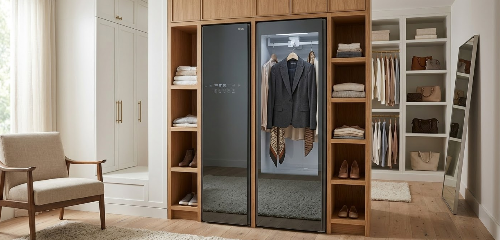 2026 전국 벚꽃 축제 봄나들이 후 미세먼지 꽃가루 살균하는 LG 스타일러 의류관리기 드레스룸 설치 모습