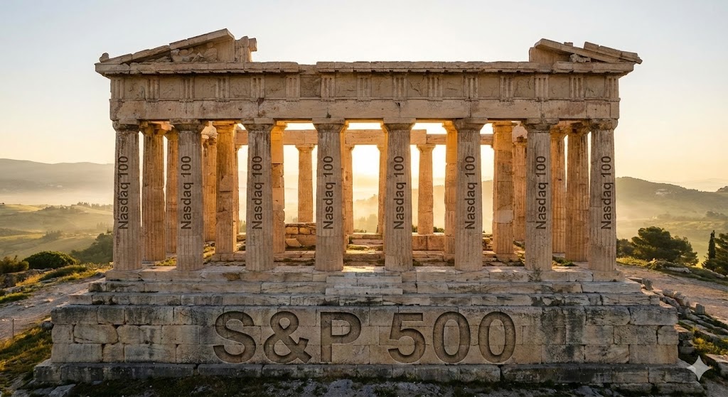 포트폴리오의 든든한 주춧돌이 되는 S&P 500과 기둥이 되는 나스닥 100을 시각화한 일러스트