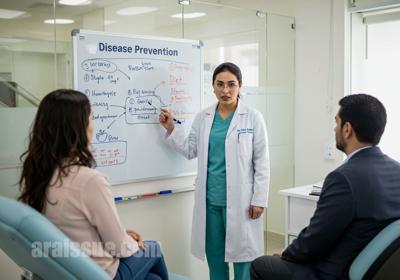 질병 예방 행동 계획을 설명하는 외국인 의료 전문가. 현대적인 병원에서 화이트보드를 이용해 건강한 식습관과 운동 계획을 설명하는 모습.