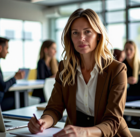 사무실에서 사람들과 업무를 보는 중장년 여성