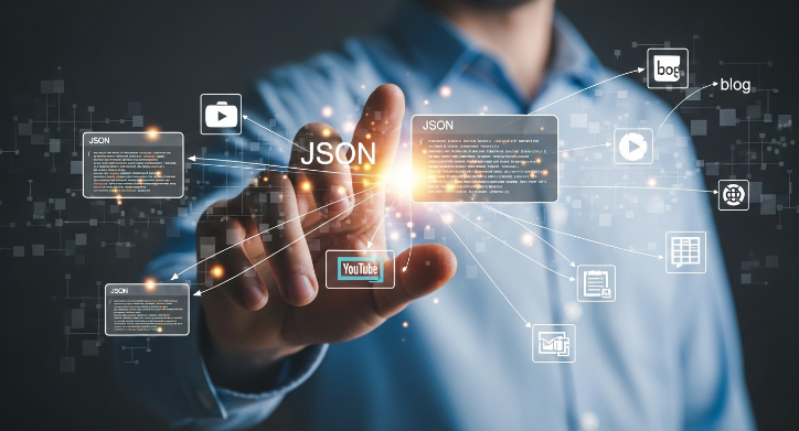 사람의 손이 빛나는 JSON 코드 조각들을 블로그, 유튜브, 엑셀 아이콘에 연결하는 모습. JSON이 AI 자동화 워크플로우의 핵심 연결고리임을 시각적으로 보여줍니다.