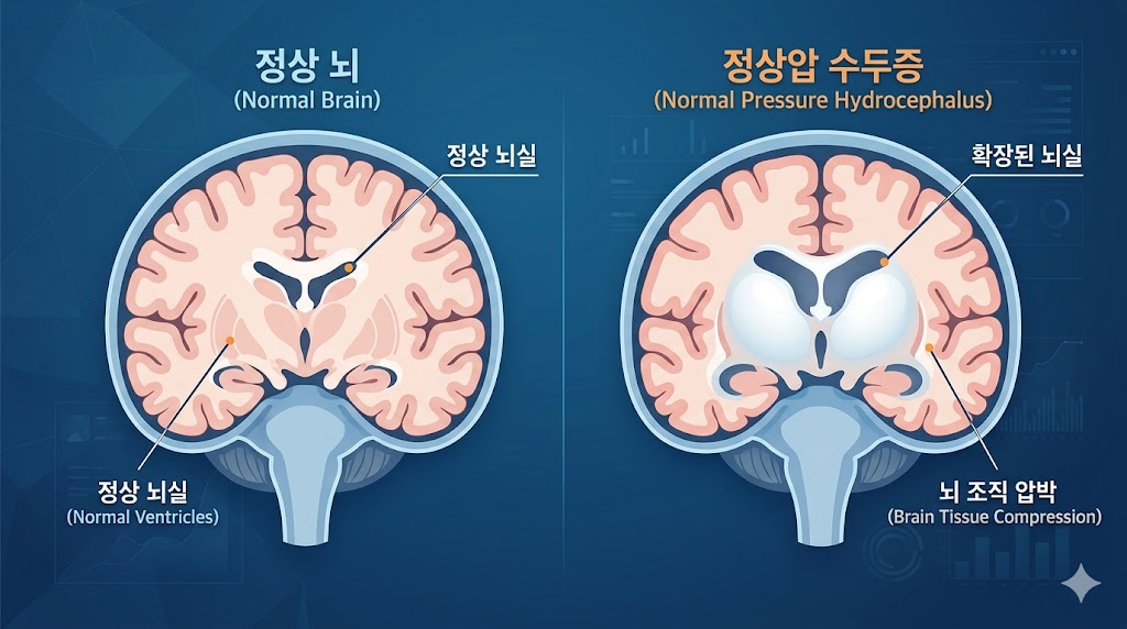 알츠하이머로 인한 뇌 위축과 정상압 수두증으로 인한 뇌실 확장의 차이를 직관적으로 보여주는 3D 메디컬 비교 이미지