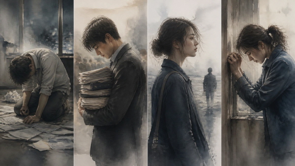 ISTJ는 책임감과 신뢰를 중요하게 생각하는 유형입니다. 그래서 실패하거나 누군가를 실망시켰다고 느낄 때, 혹은 믿었던 신뢰가 무너질 때 깊은 절망을 경험할 수 있습니다에 관한 그림입니다