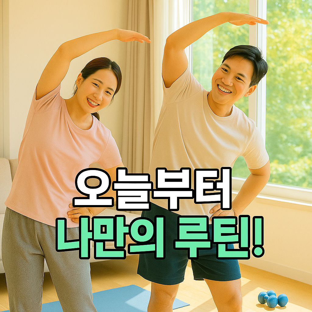 거실에서 함께 스트레칭하는 부부