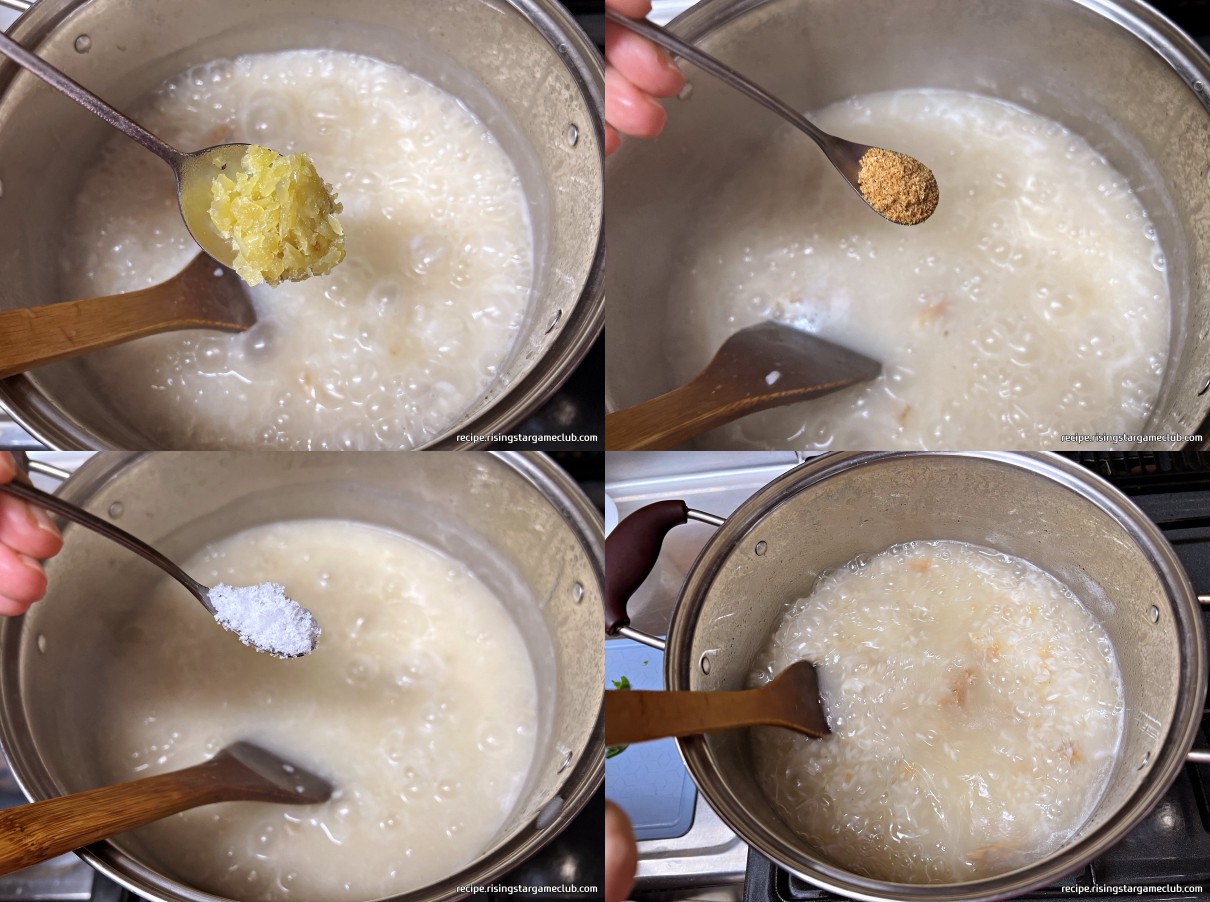 간단한 치킨 닭죽에 다진마늘&#44; 소고기다시다&#44; 소금을 넣고 주걱으로 저어주는 사진