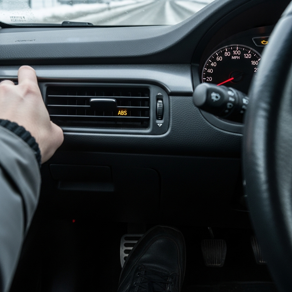 ABS 경고등이 켜진 자동차 대시보드와 브레이크 페달을 밟고 있는 운전자의 발. 블랙아이스 상황에서 ABS 작동을 보여줍니다.